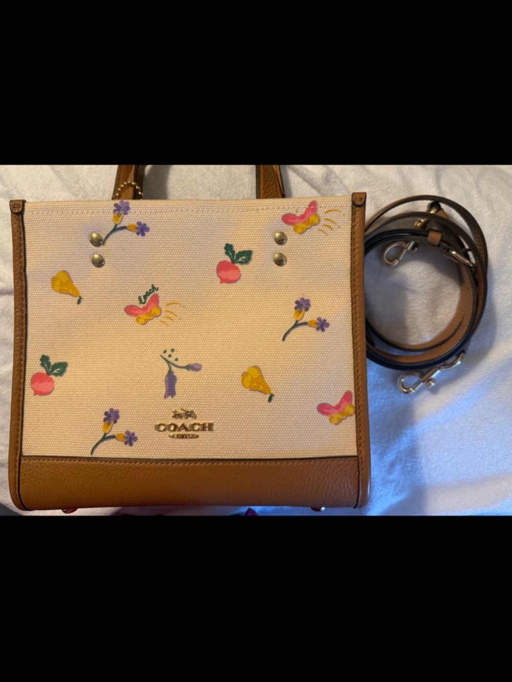 COACH Beige Canvas Tote with Brown Leather Trim and Floral Fruit Print